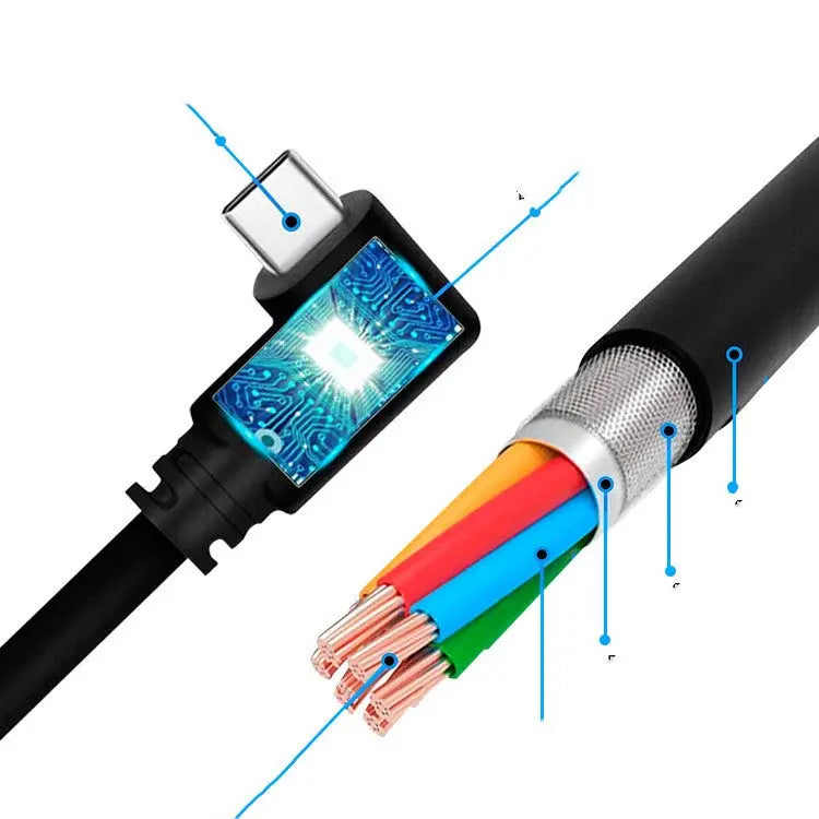 Black 5m A-C charging cable for VR with detailed view of internal copper wires, insulation, and circuitry inside connector housing