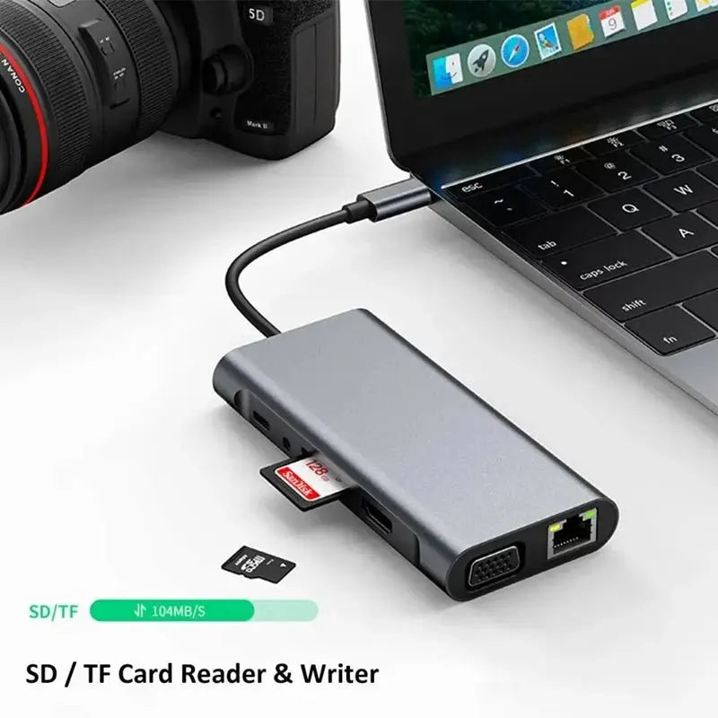 Grey 11in1 USBC Hub connected to a laptop with SD and TF memory cards inserted in card reader slots