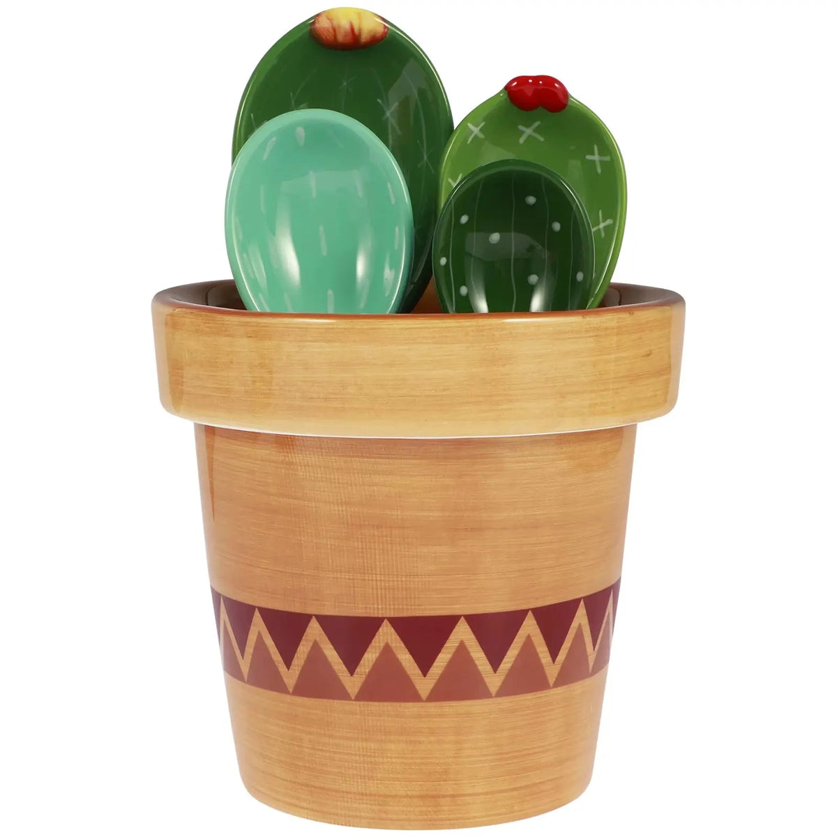 Set of four cactus-shaped porcelain measuring spoons in wavy solid colors with a decorative flower pot base