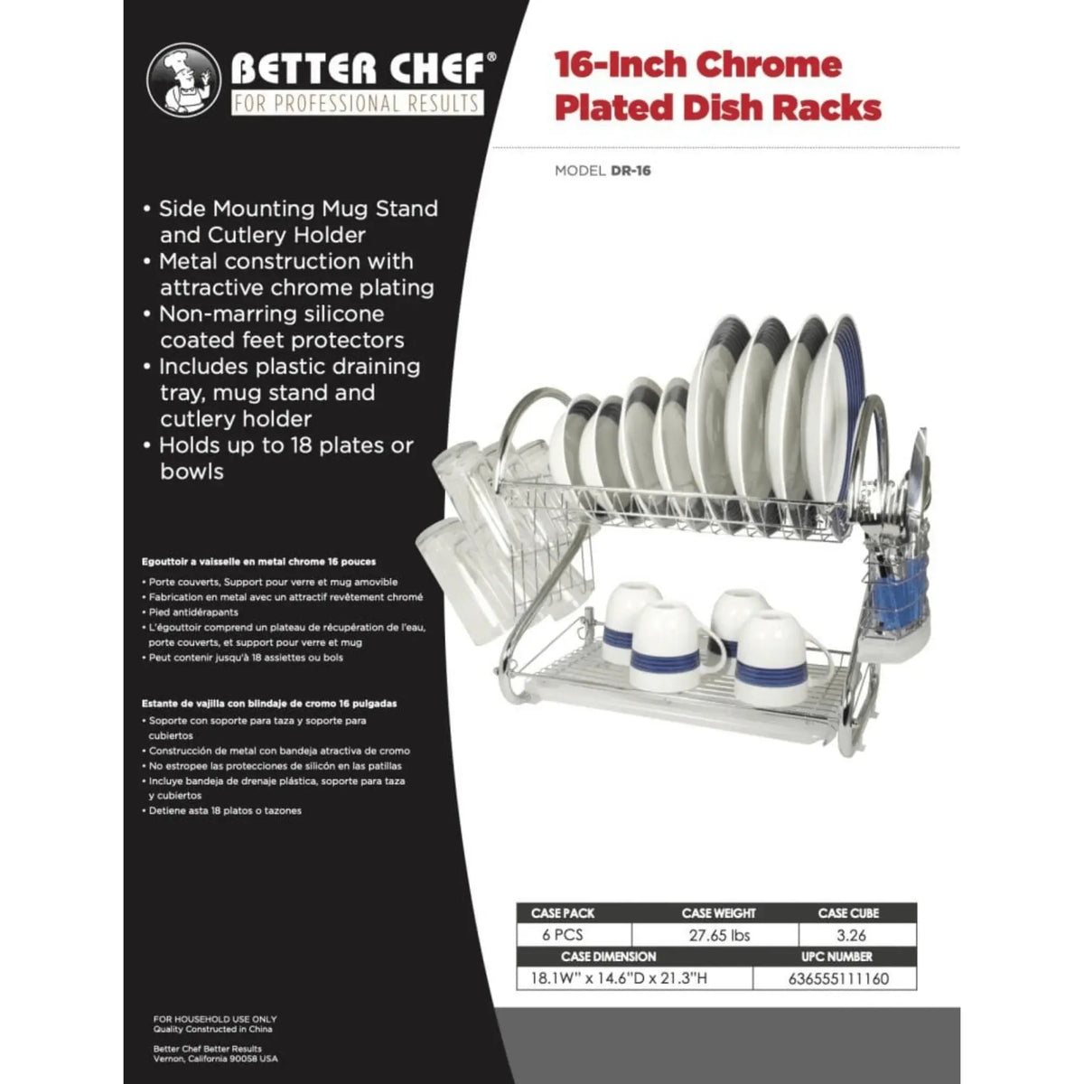 Better Chef 16-inch 2-level chrome-plated dish rack with side mug stand and cutlery holder, holding up to 18 plates or bowls