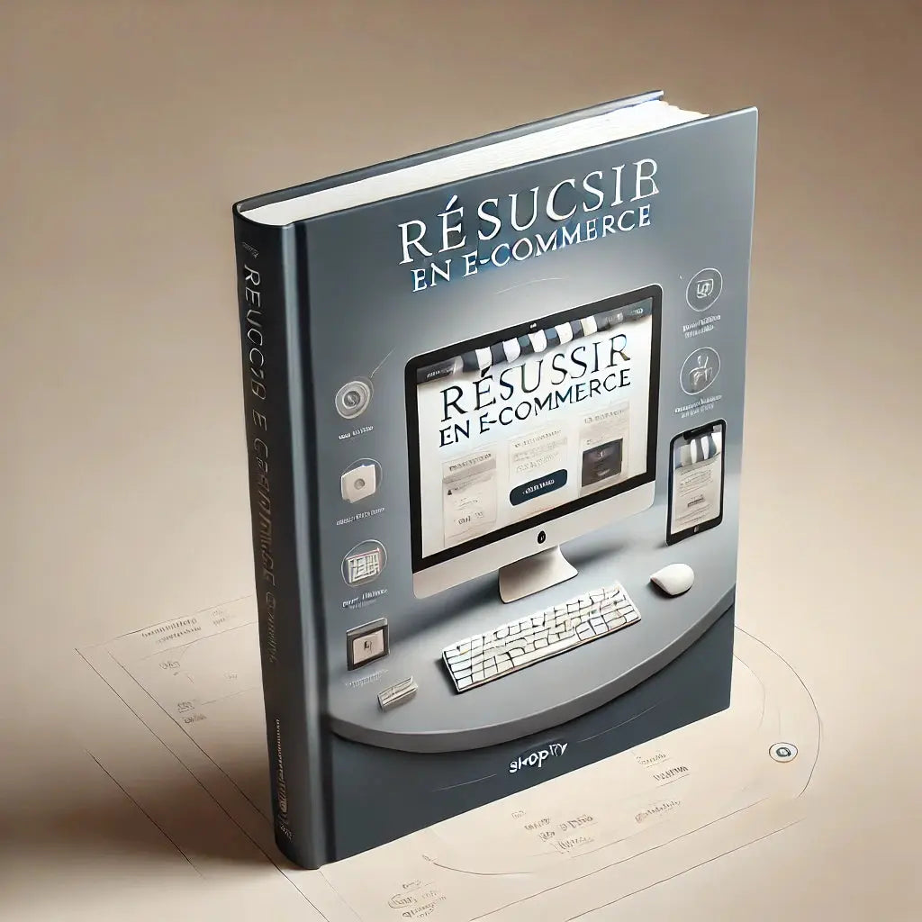 Thick hardcover ebook titled Réussir en E-commerce with digital devices and ecommerce visuals on cover