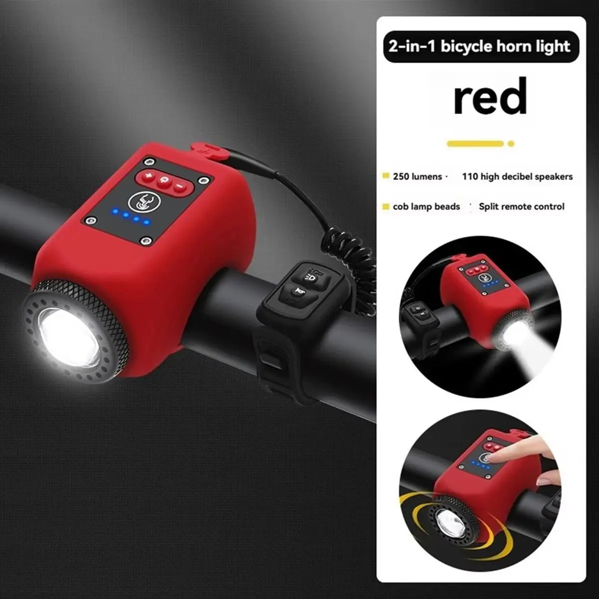 Red 2-in-1 bike horn and light mounted on handlebar with remote control and bright front flashlight beam