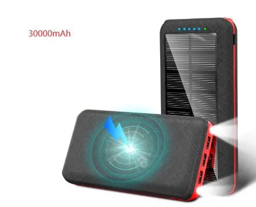 Portable 30000mAh wireless solar charger with Qi compatibility and 3 USB ports for Apple, Xiaomi, and Samsung devices