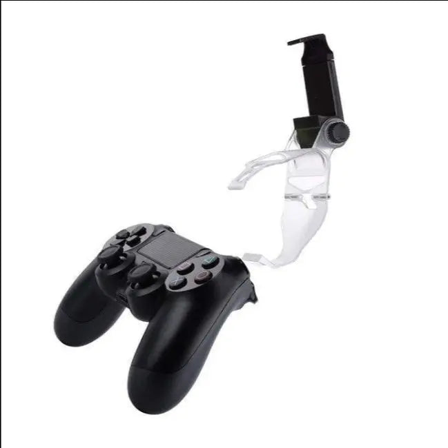 Black PS4 controller attached to transparent Joypad Pour mobile holder with adjustable phone clamp and support arm