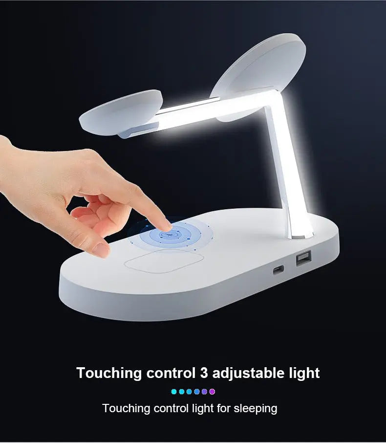 Touch control adjustable LED desk lamp with built-in wireless charging pad and USB ports on white base