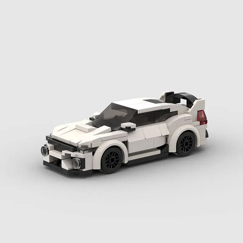 Detailed white and black high-tech building block toy car with sporty design and transparent windshield on plain background
