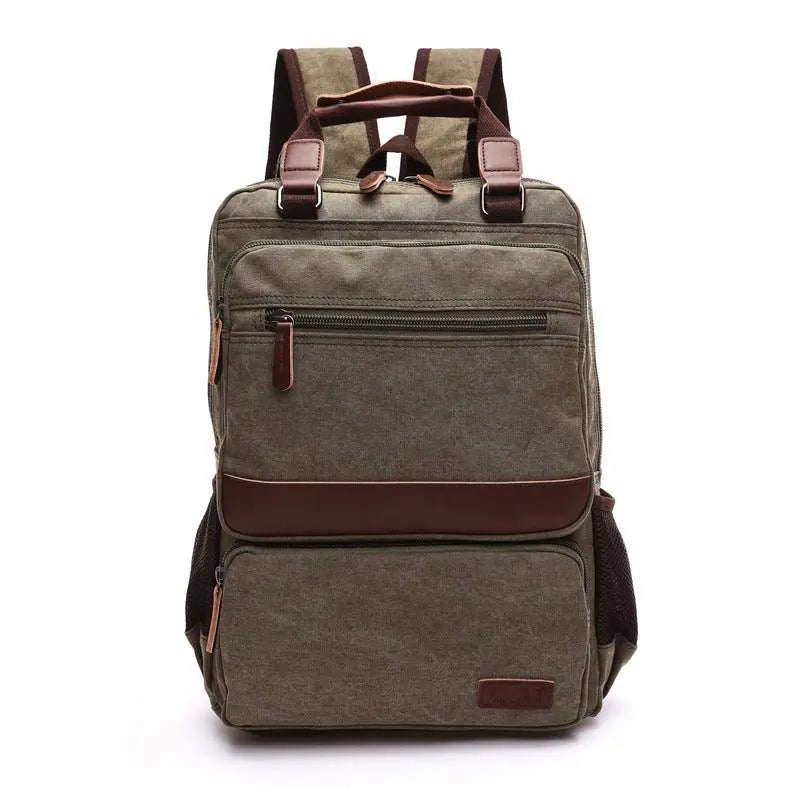 Front view of brown canvas laptop backpack with multiple zippered compartments and leather accents
