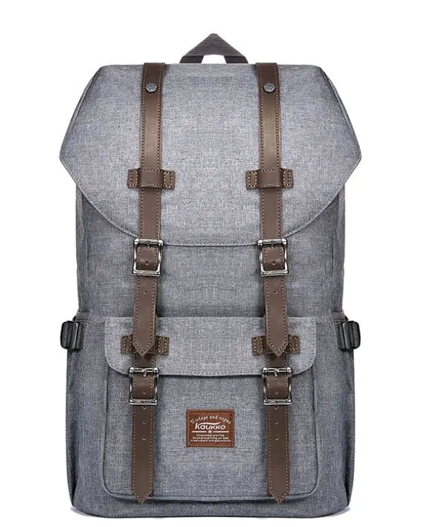 Front view of casual grey linen oxford backpack for men with brown leather straps and front buckle pocket