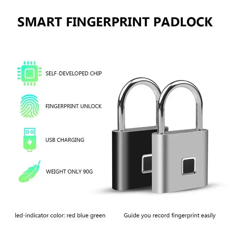 Two smart fingerprint padlocks in black and silver with USB charging and fingerprint unlock features displayed.