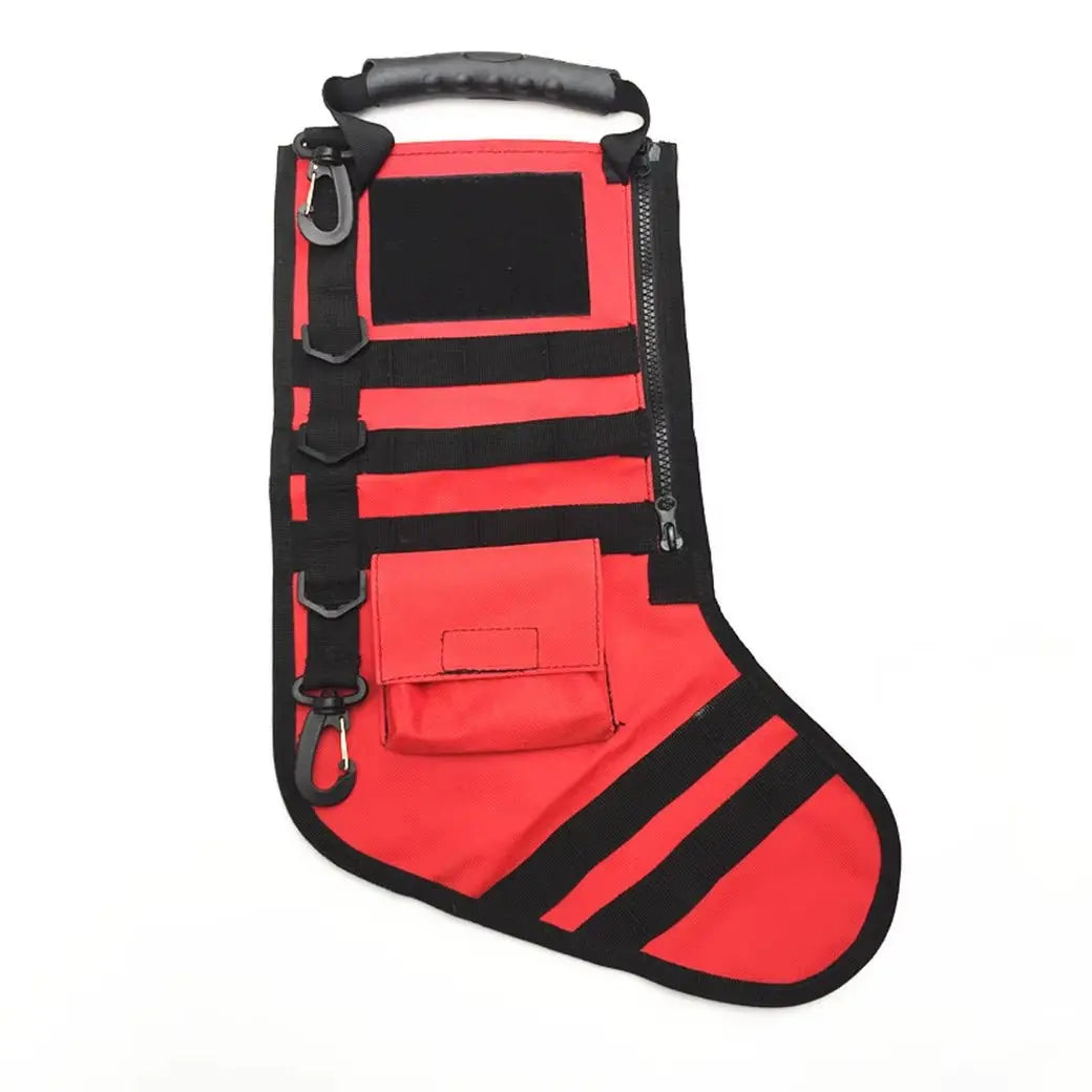 Red Tactical Molle Christmas stocking with black trim, zipper, multiple straps, clips, and small pouch for outdoor use