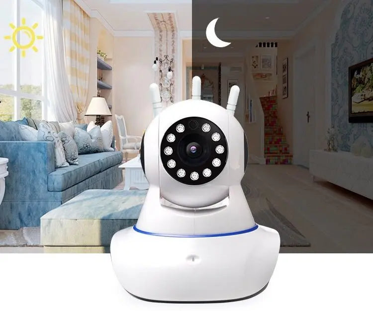 Front view of white wireless camera remote monitoring device with night vision LEDs and triple antennae in home setting