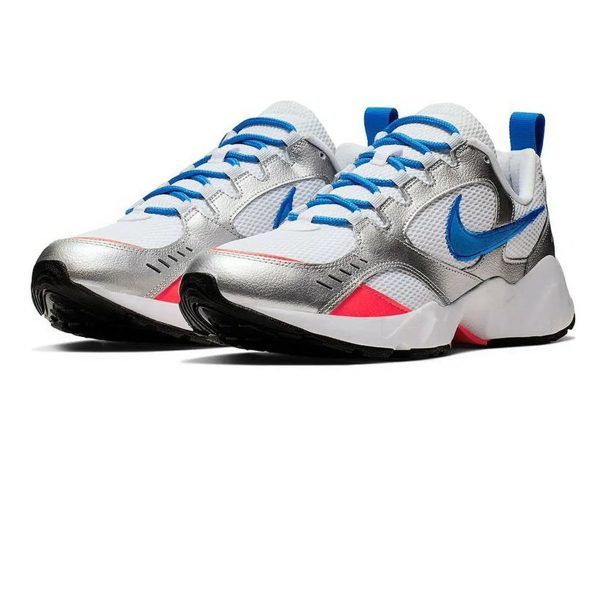 Pair of white and silver Nike Air Heights men's trainers with blue swoosh, blue laces, and pink accents for sports and fitness