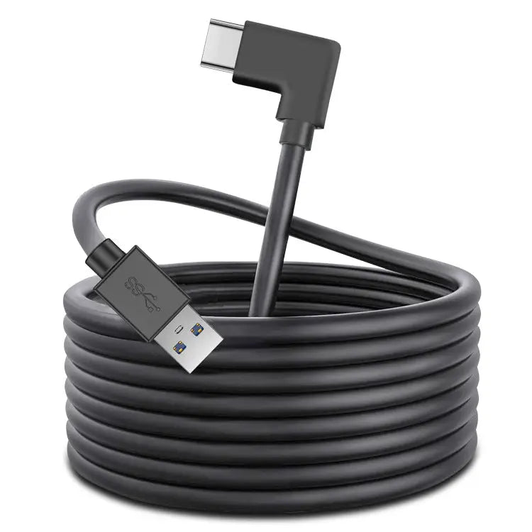 Black 5-meter VR charging cable with USB-A to right-angle USB-C connectors made of durable TPE material