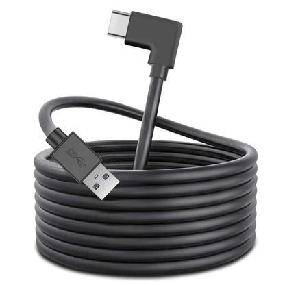 Black 5-meter VR charging cable with USB-A to right-angle USB-C connectors made of durable TPE material