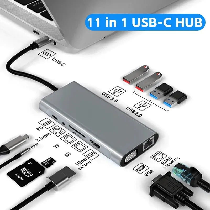 Silver 11in1 USB-C hub with HDMI, USB 3.0, USB 2.0, SD, TF card slots, VGA, RJ45, 3.5mm jack and power delivery port