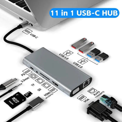 Silver 11in1 USB-C hub with HDMI, USB 3.0, USB 2.0, SD, TF card slots, VGA, RJ45, 3.5mm jack and power delivery port