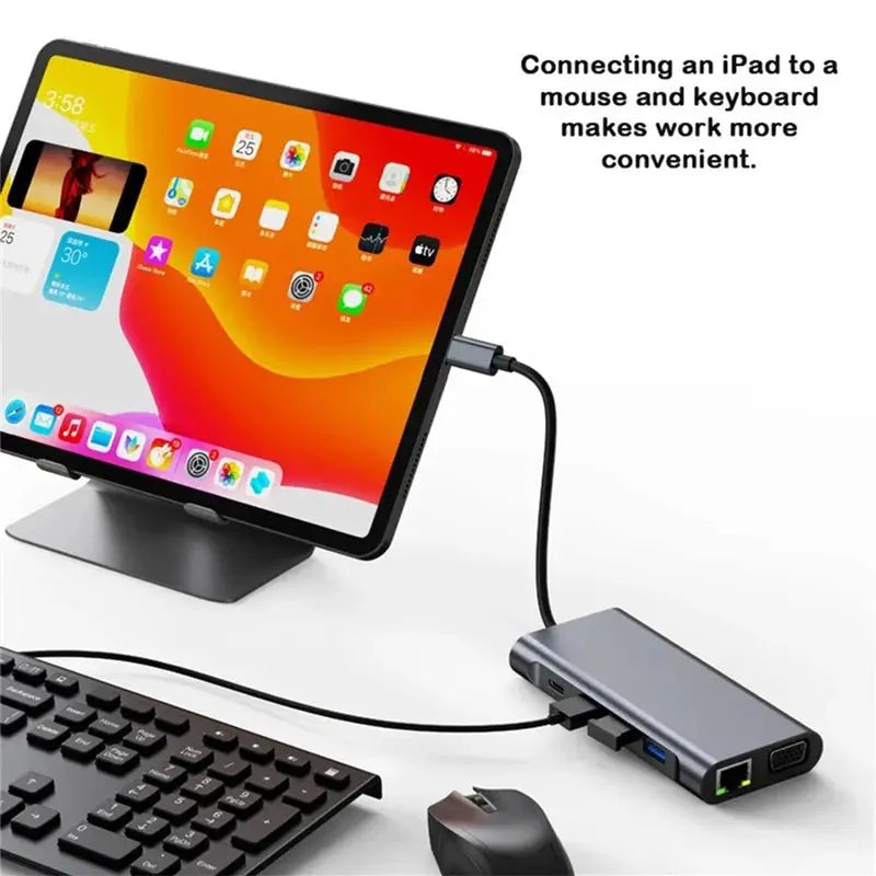 11in1 USBC hub connected to iPad with keyboard and mouse showing multiple ports and device compatibility