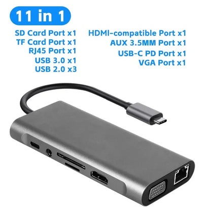 Compact 11-in-1 USB-C hub with HDMI, VGA, Ethernet, USB 3.0, USB 2.0 ports, SD/TF card slots, and AUX 3.5mm port