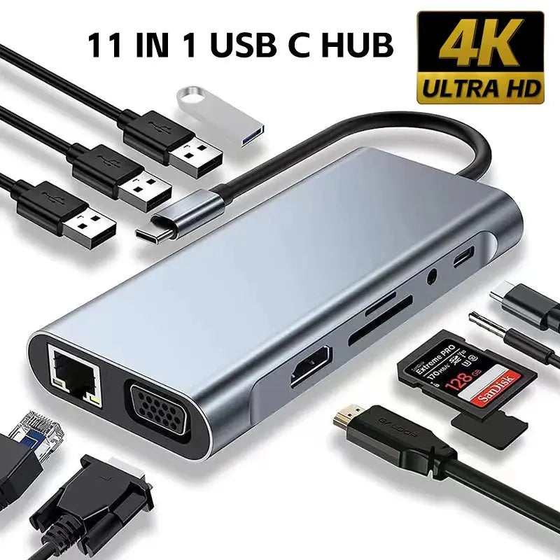Sleek silver 11in1 USB C hub with multiple ports including HDMI, USB 3.1, Ethernet, card readers, and 4K Ultra HD support