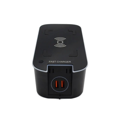 Front view of black 15W wireless car battery charger with dual USB ports and fast charge label