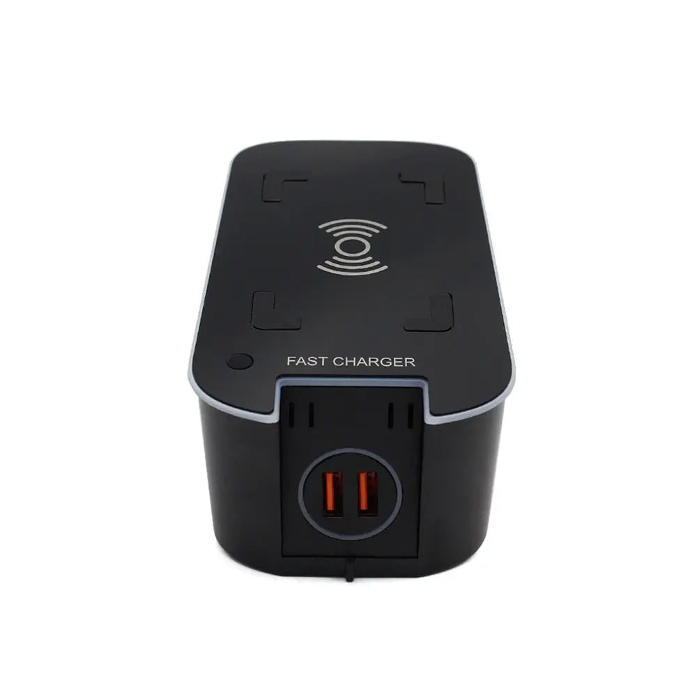 Black 15W wireless fast charger with dual orange USB ports designed for Volvo XC60 XC90 V90 and S90 models