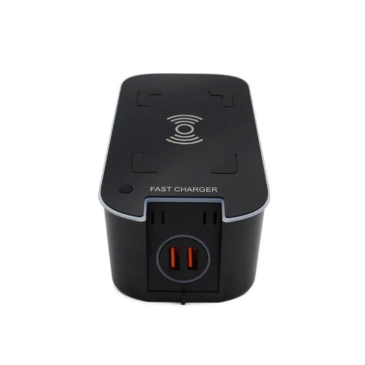 Black 15W wireless fast charger with dual orange USB ports designed for Volvo XC60 XC90 V90 and S90 models