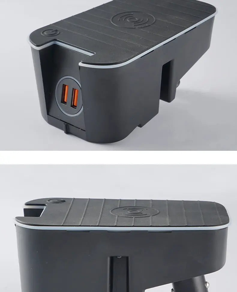 Black 15W wireless car battery charger with dual USB ports and Qi charging pad designed for Volvo XC60 XC90 V90 S90 models