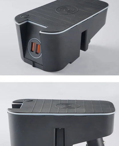 Black 15W wireless car battery charger with dual USB ports and Qi charging pad designed for Volvo XC60 XC90 V90 S90 models