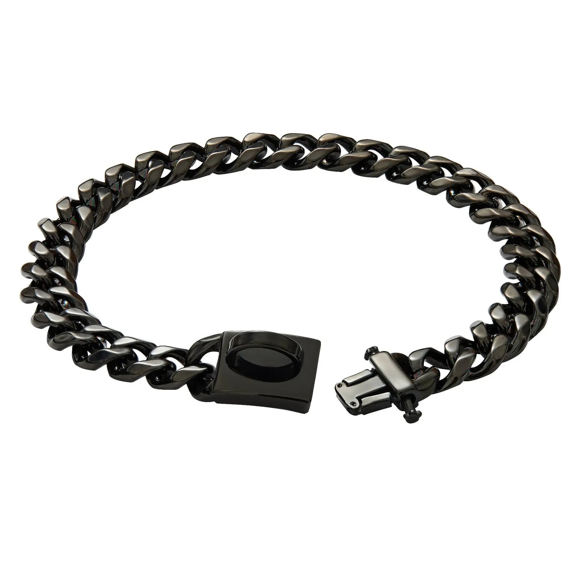 Close-up of 19mm strong black metal dog chain collar with heavy link design and secure locking clasp mechanism