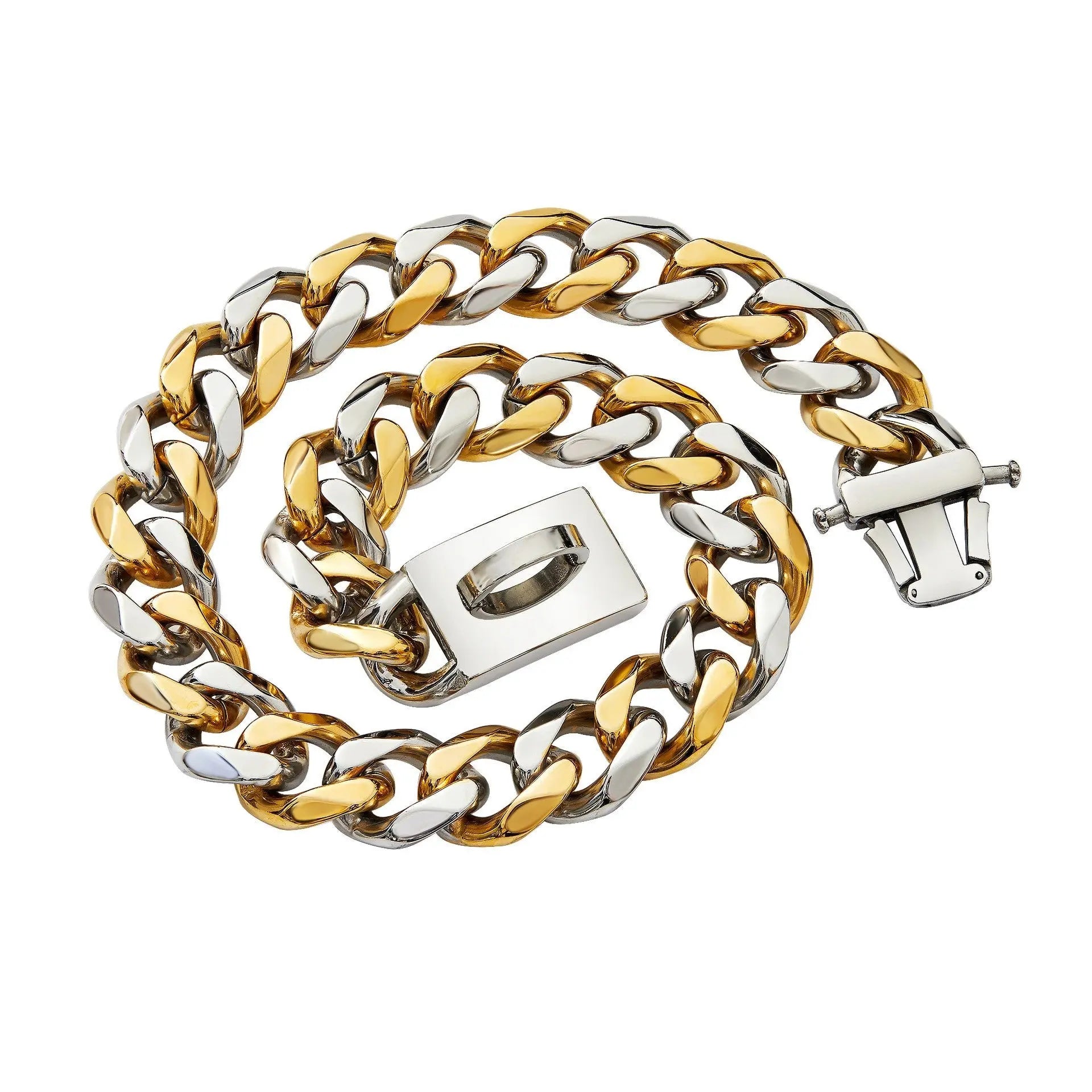 Close-up of 19mm strong metal dog chain with alternating gold and silver titanium steel links and secure clasp closure