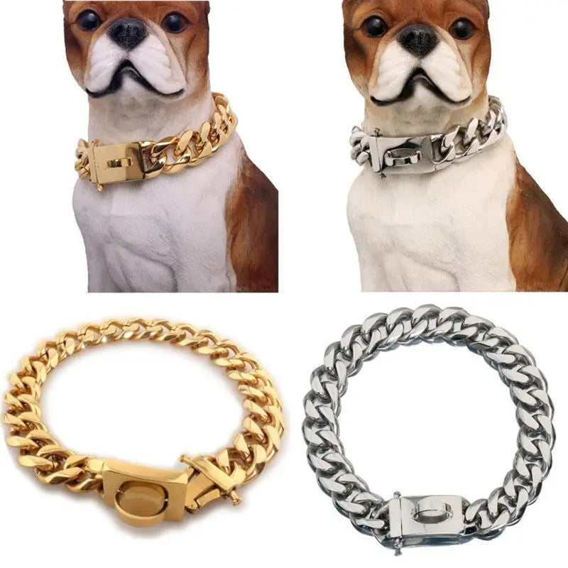 Close-up of 19mm strong metal dog chains in gold and silver with thick curb link design on dog models and separately displayed.