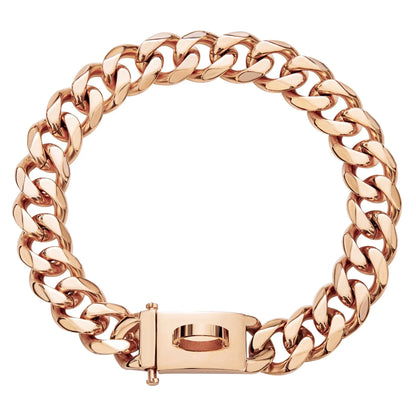 Close-up of 19mm strong rose gold metal dog chain collar with thick links and secure clasp closure