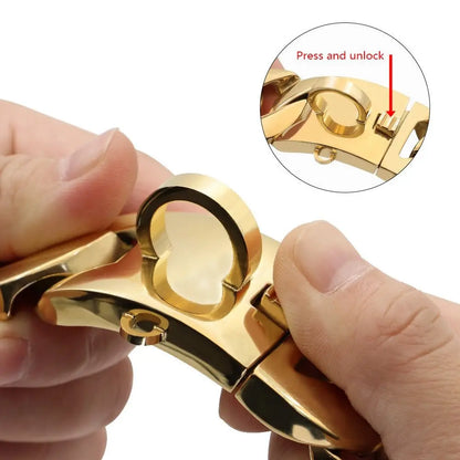 Close-up of hands demonstrating the gold 19mm strong metal dog chain clasp with press and unlock feature