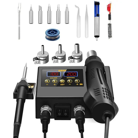 2in1 soldering station with hot air gun, solder iron, 6 soldering tips, tweezers, desoldering pump, and accessories kit