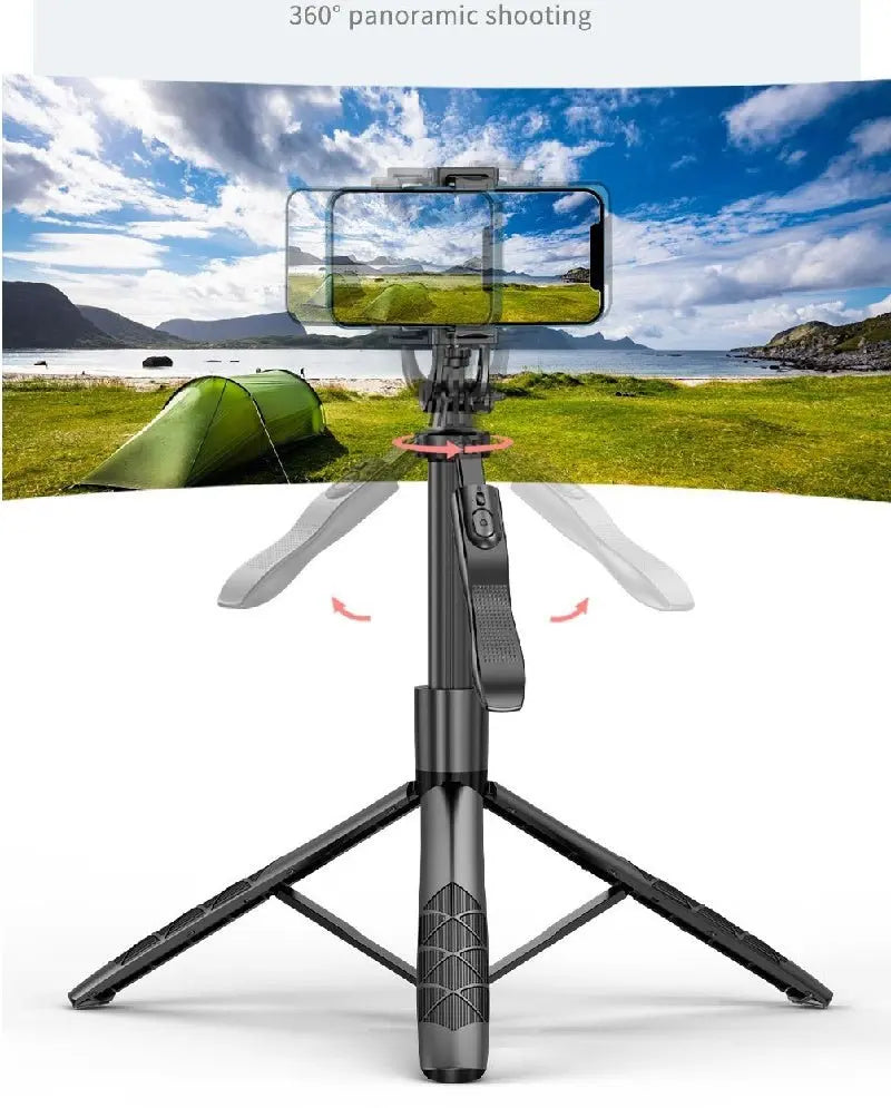 Front view of black 360 Auto Face Tracking Gimbal with smartphone on tripod showcasing 360° panoramic shooting capability