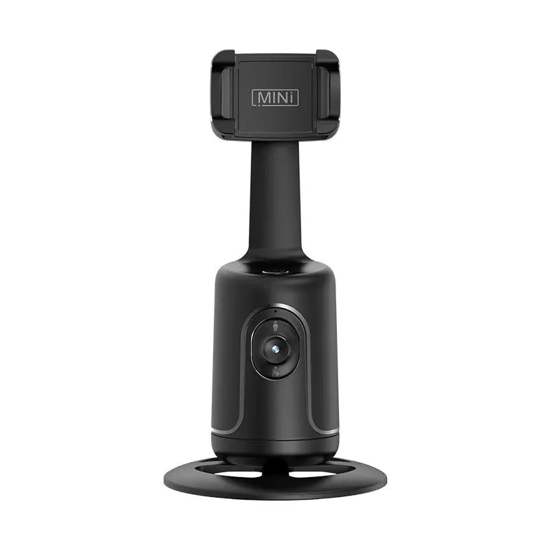 Front view of black 360 Auto Face Tracking Gimbal phone holder with built-in camera and round base stand