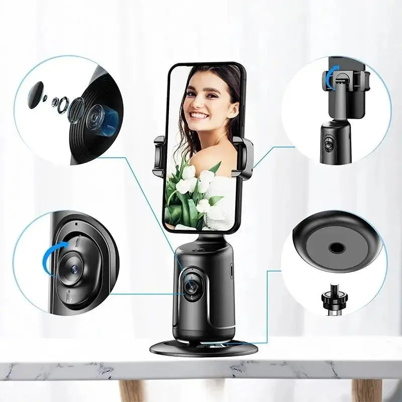 360 Auto Face Tracking Gimbal with smartphone holder showing camera lens and adjustable mount details on marble surface