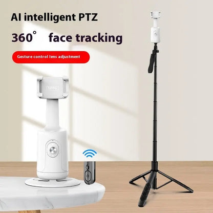 White 360-degree auto face tracking AI smart gimbal with tripod stand and remote control for smartphone video stabilization