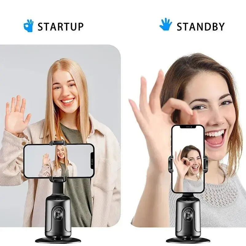 Two women demonstrating startup and standby gestures for 360 Auto Face Tracking AI smart gimbal with phone mounted