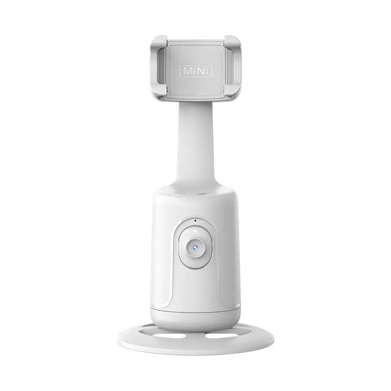 Front view of white 360 auto face tracking gimbal with phone holder and circular base for smartphone stabilization