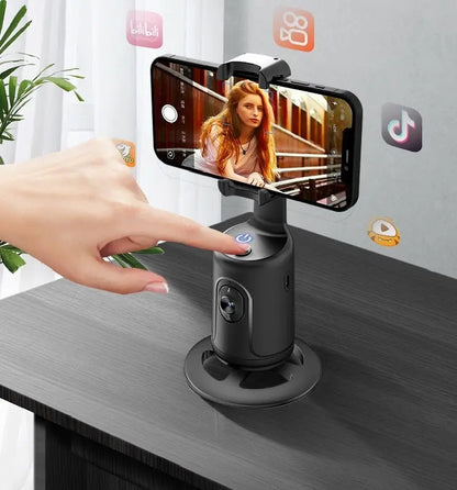 360 Auto Face Tracking Gimbal with smartphone mounted on black stabilizer showing live video recording mode
