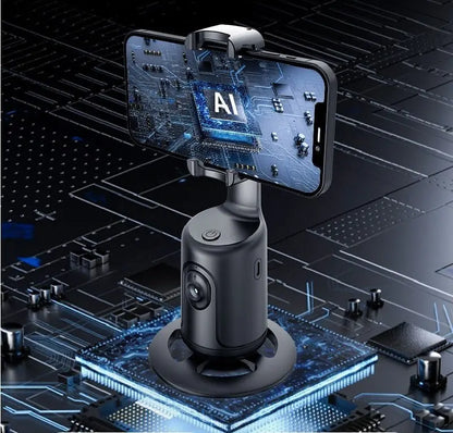 360-degree AI auto face tracking smart gimbal holding smartphone on digital circuit background for video stabilization