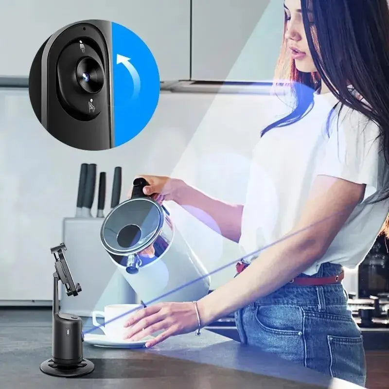 360 Auto Face Tracking Gimbal in use showing AI face tracking with smartphone mounted on black stabilizer tripod