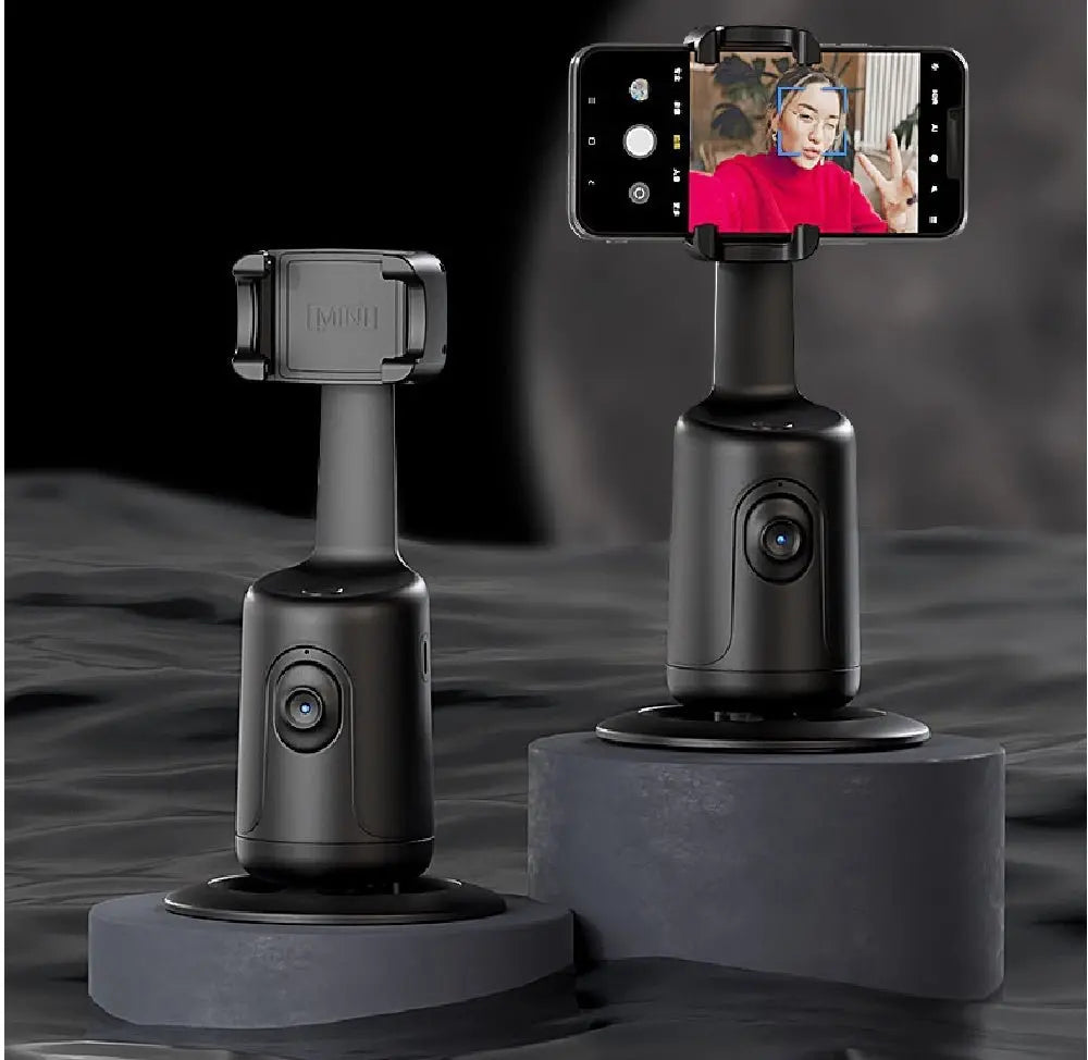Two black 360 Auto Face Tracking Gimbals for smartphones with built-in camera and phone mount shown on stands