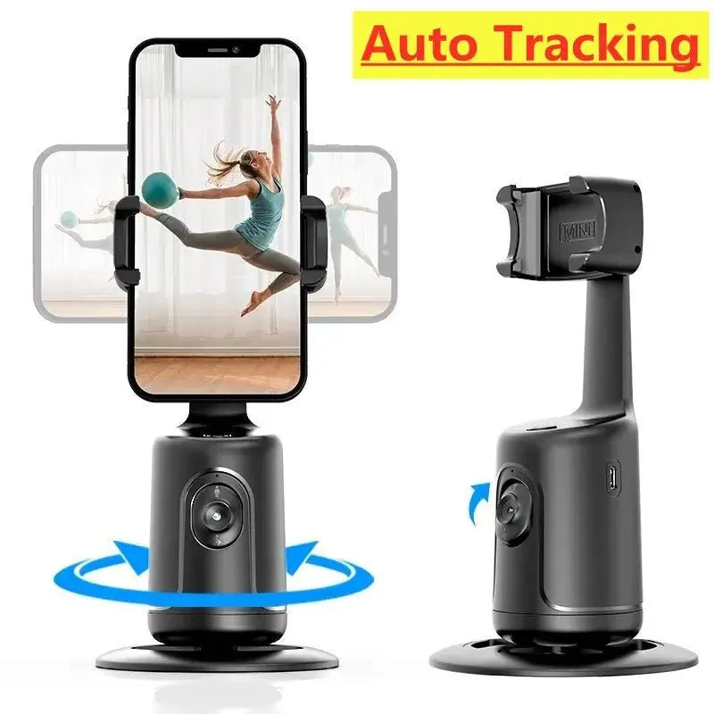 Black 360 auto face tracking gimbal phone holder showing rotation and adjustable smartphone grip for video shooting