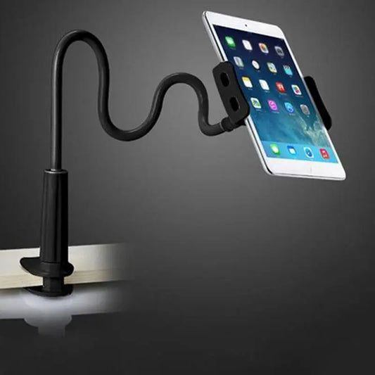 360 Degree Spiral Base black flexible mobile phone and tablet stand clamped to table holding a white tablet