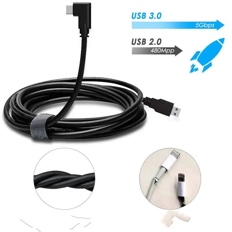 Black 5m USB 3.0 charging cable with right-angle connector, showing fast data transfer speed and cable details