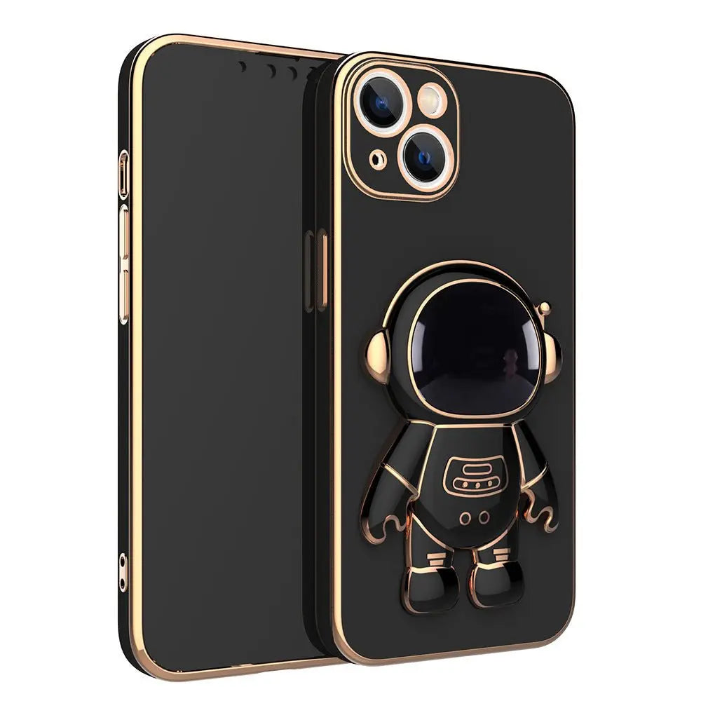Black iPhone case with 3D astronaut design and gold electroplated edges with anti-drop protection bracket
