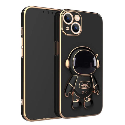 Black iPhone case with 3D astronaut design and gold electroplated edges with anti-drop protection bracket