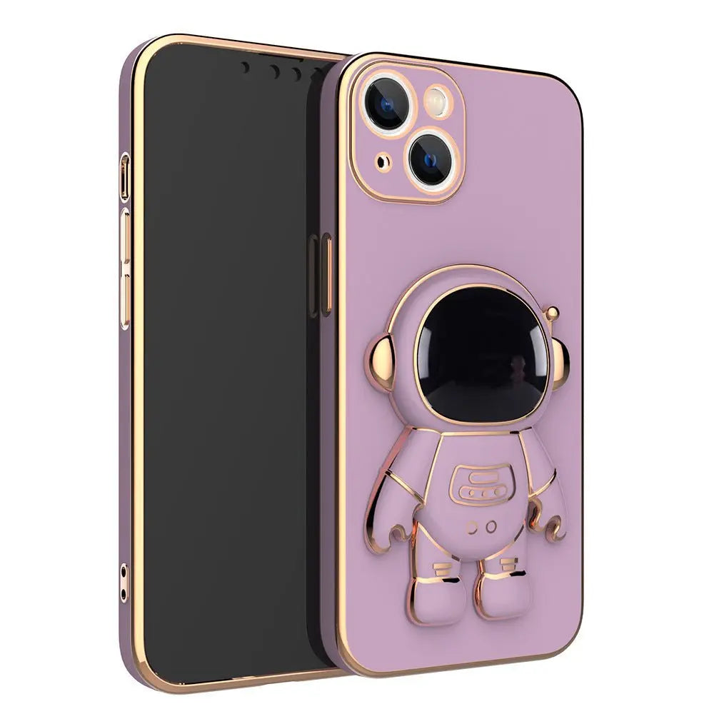 Purple 3D astronaut phone case with gold electroplating bracket and anti-drop design for iPhone models